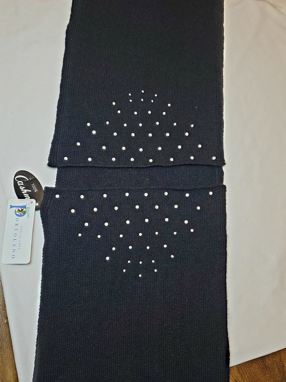 NWT Portolano 100% Cashmere Black Crystal Rhinestone Scarf Luxury